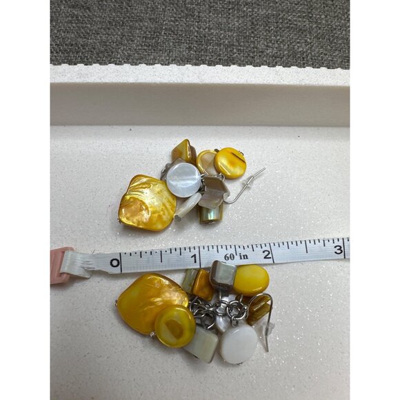 Yellow & White Iridescent Shell Drop Earrings With Bead Accents Womens Fashion - Picture 3 of 3